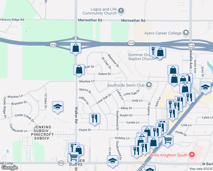 map of restaurants, bars, coffee shops, grocery stores, and more near 9008 Villanova Drive in Shreveport