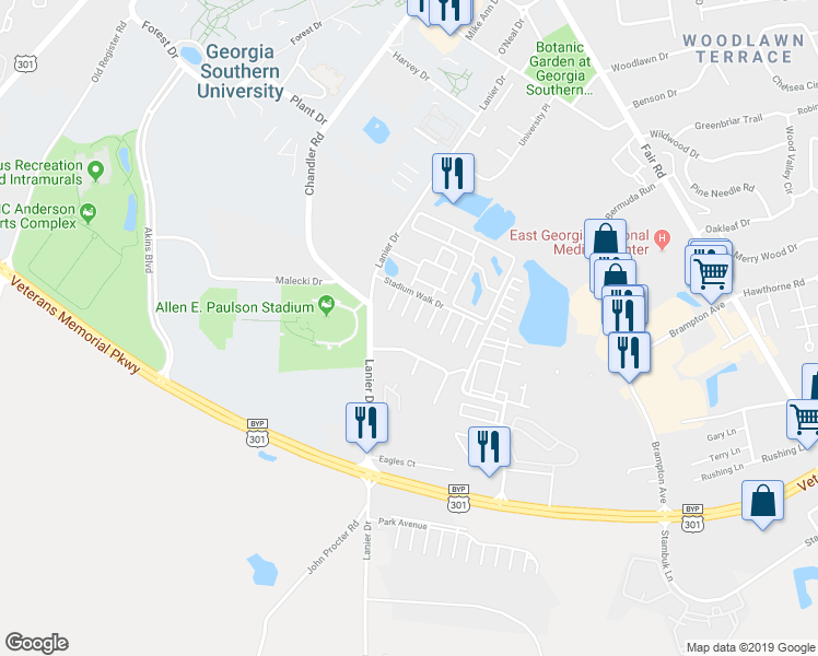 map of restaurants, bars, coffee shops, grocery stores, and more near 69 Stadium Walk Drive in Statesboro