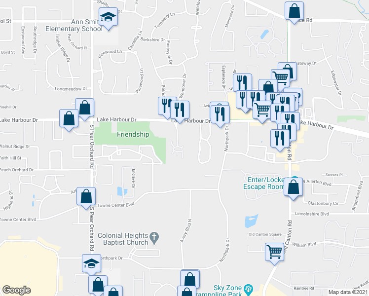 map of restaurants, bars, coffee shops, grocery stores, and more near 301 Charmant Place in Ridgeland