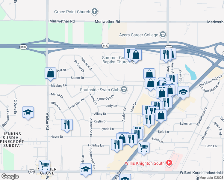 map of restaurants, bars, coffee shops, grocery stores, and more near 9008 Lone Oak Dr in Shreveport
