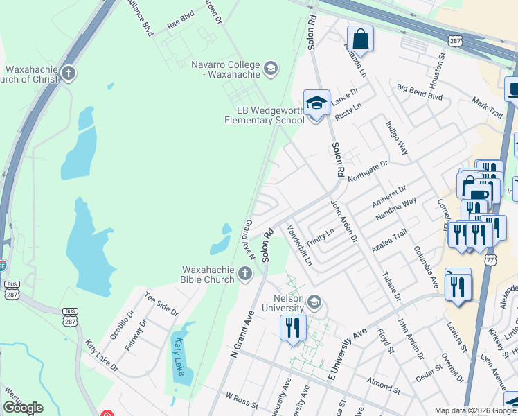 map of restaurants, bars, coffee shops, grocery stores, and more near 1002 North Grand Avenue in Waxahachie
