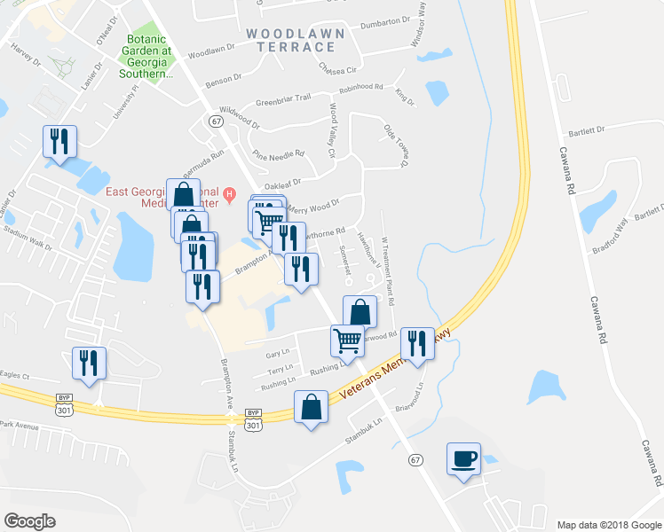 map of restaurants, bars, coffee shops, grocery stores, and more near 26 Somerset in Statesboro
