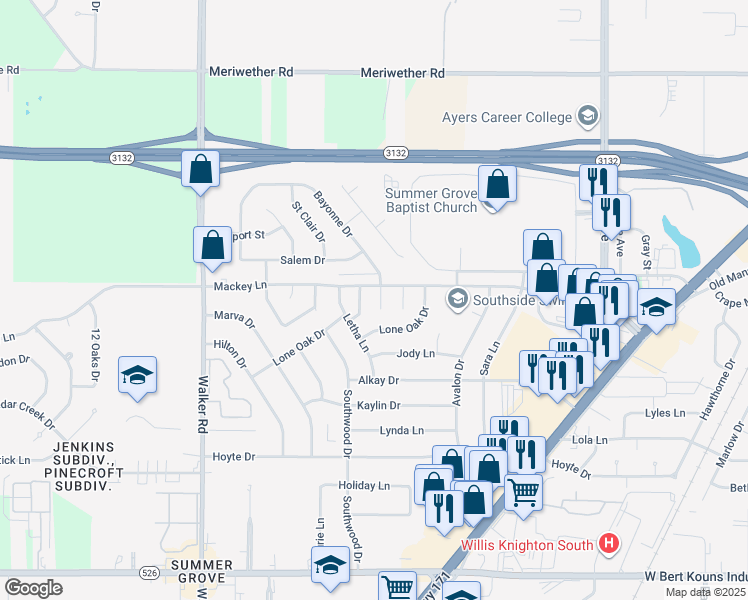 map of restaurants, bars, coffee shops, grocery stores, and more near 9008 Bayonne Drive in Shreveport