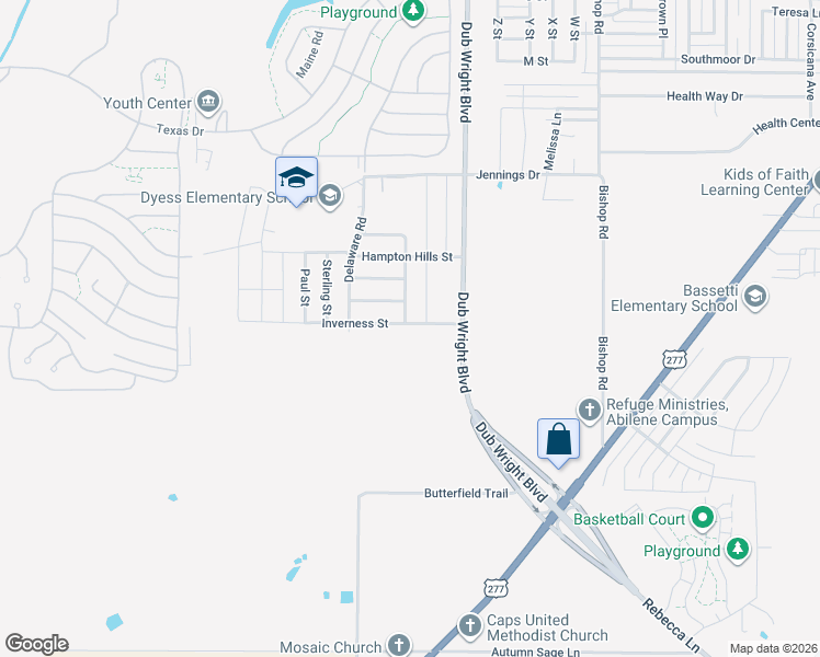 map of restaurants, bars, coffee shops, grocery stores, and more near 6609 Inverness Street in Abilene