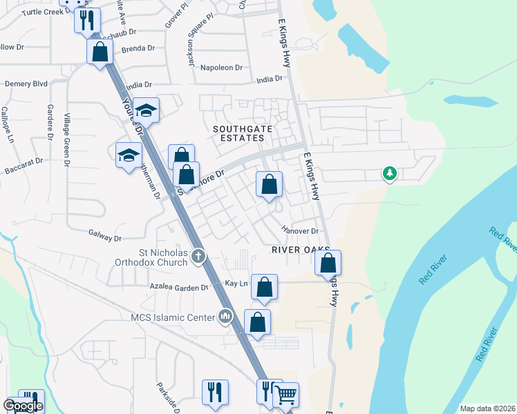 map of restaurants, bars, coffee shops, grocery stores, and more near 10002 Carlsbad Drive in Shreveport