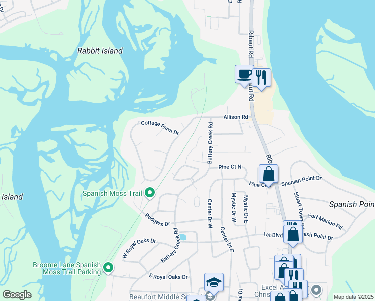 map of restaurants, bars, coffee shops, grocery stores, and more near 410 Joshua Court in Beaufort