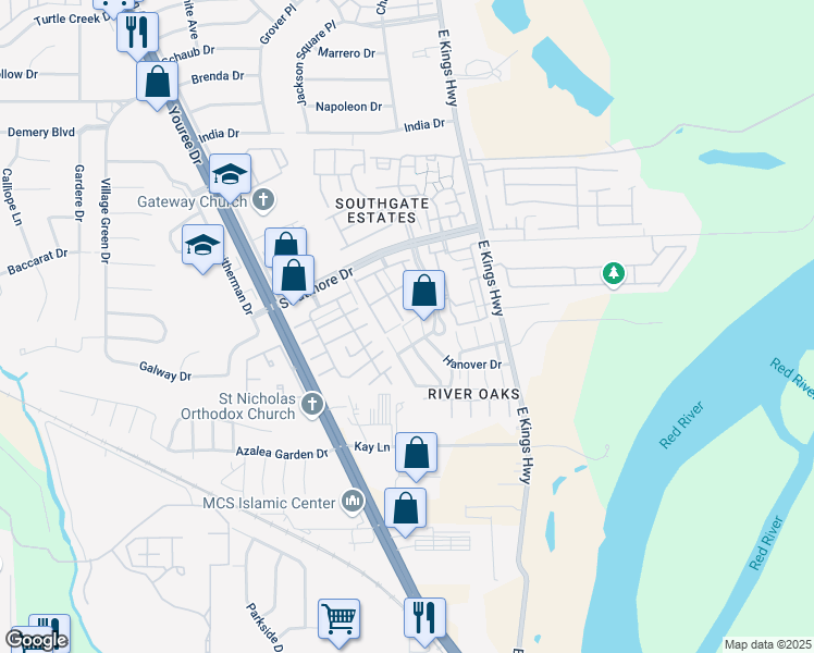map of restaurants, bars, coffee shops, grocery stores, and more near 10002 Carlsbad Drive in Shreveport
