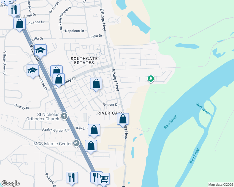 map of restaurants, bars, coffee shops, grocery stores, and more near 10105 Los Altos Drive in Shreveport