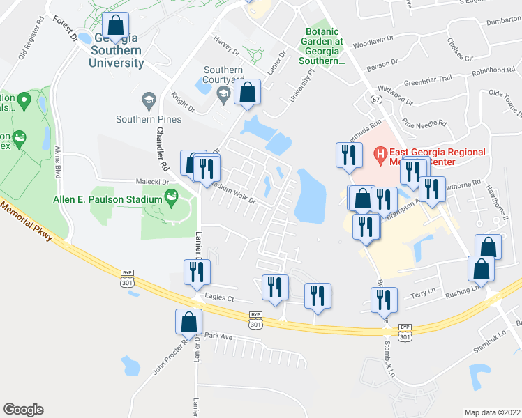 map of restaurants, bars, coffee shops, grocery stores, and more near 170 Stadium Walk Drive in Statesboro
