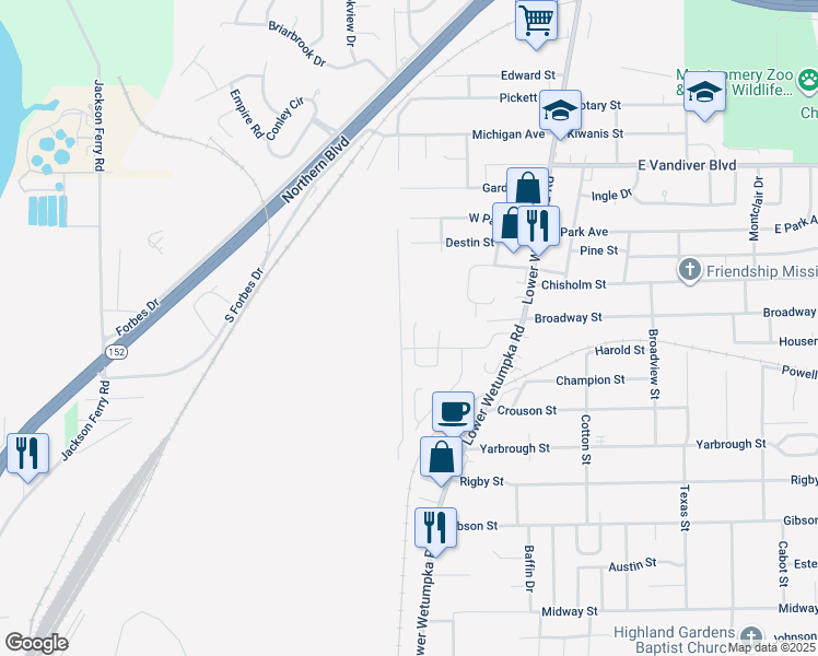 map of restaurants, bars, coffee shops, grocery stores, and more near 3608 Erwin Drive in Montgomery