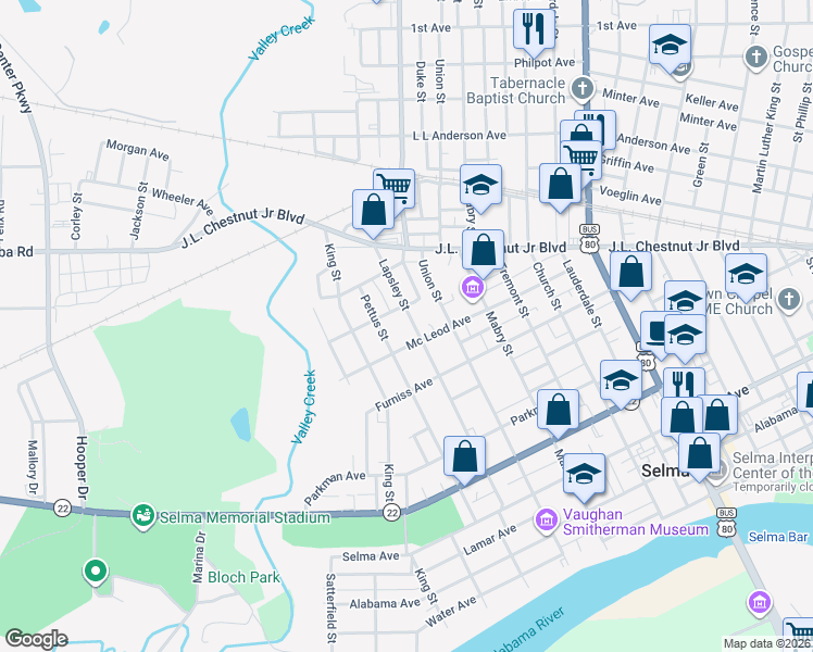 map of restaurants, bars, coffee shops, grocery stores, and more near 711 Lapsley Street in Selma