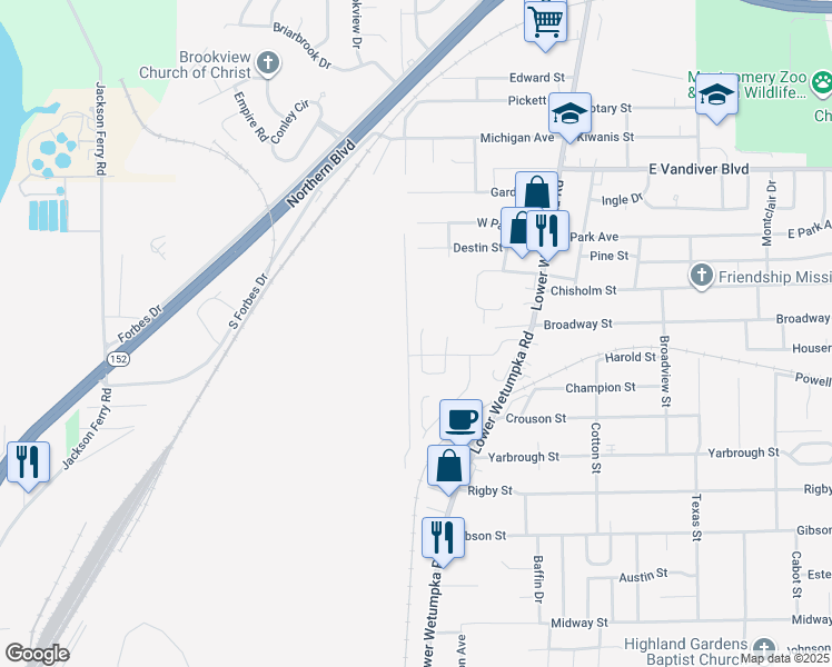 map of restaurants, bars, coffee shops, grocery stores, and more near 3608 Erwin Drive in Montgomery
