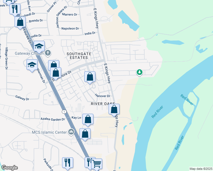map of restaurants, bars, coffee shops, grocery stores, and more near 10102 Los Altos Drive in Shreveport