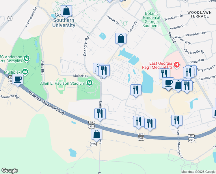 map of restaurants, bars, coffee shops, grocery stores, and more near 140-69 Lanier Drive in Statesboro
