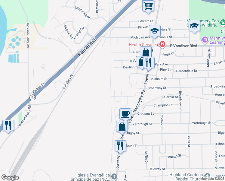 map of restaurants, bars, coffee shops, grocery stores, and more near 3608 Erwin Drive in Montgomery