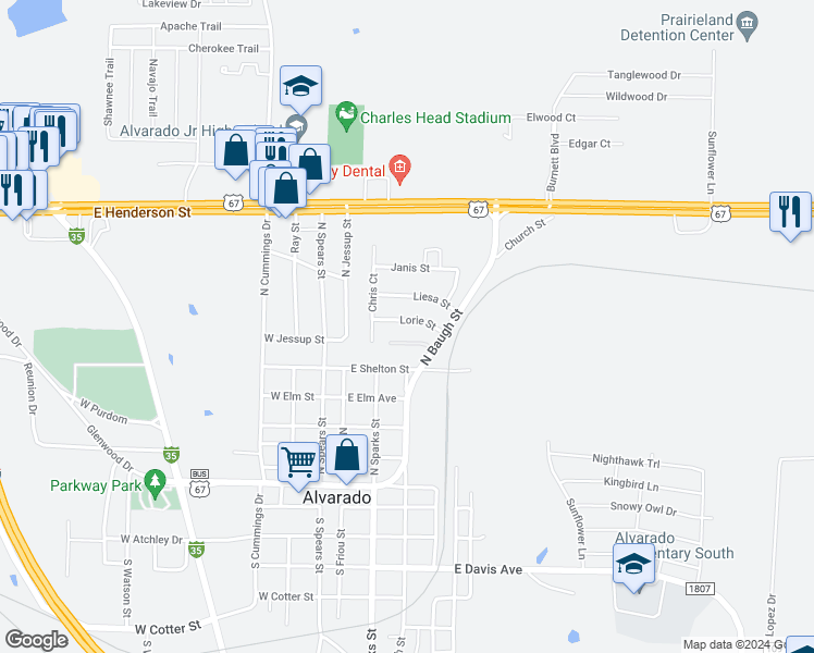 map of restaurants, bars, coffee shops, grocery stores, and more near 110 Lorie Street in Alvarado