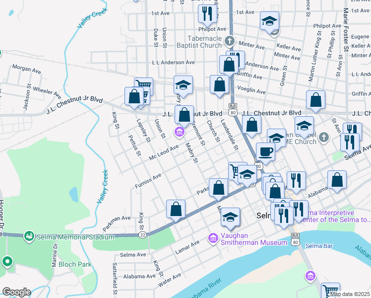 map of restaurants, bars, coffee shops, grocery stores, and more near 621 Mabry Street in Selma
