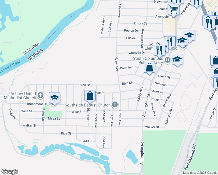map of restaurants, bars, coffee shops, grocery stores, and more near 2925 Knox Street in Columbus