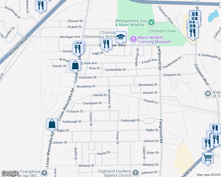 map of restaurants, bars, coffee shops, grocery stores, and more near 200 Broadway Street in Montgomery