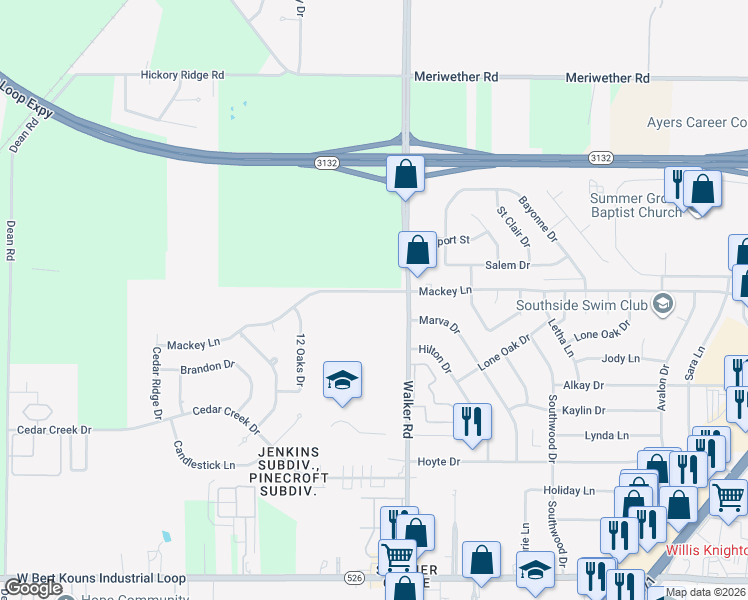 map of restaurants, bars, coffee shops, grocery stores, and more near 3317 Mackey Ln in Shreveport