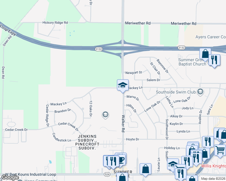 map of restaurants, bars, coffee shops, grocery stores, and more near 3317 Mackey Lane in Shreveport