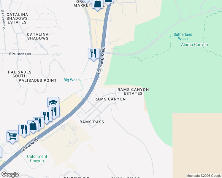 map of restaurants, bars, coffee shops, grocery stores, and more near 11357 North Old Ram Court in Tucson