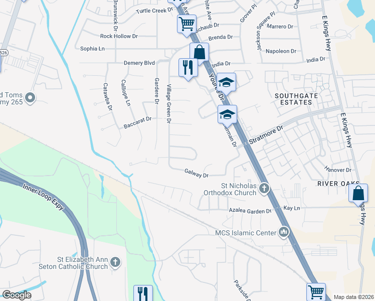 map of restaurants, bars, coffee shops, grocery stores, and more near 412 South Dresden Circle in Shreveport