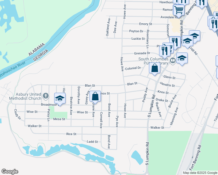 map of restaurants, bars, coffee shops, grocery stores, and more near 2843 Knox Street in Columbus