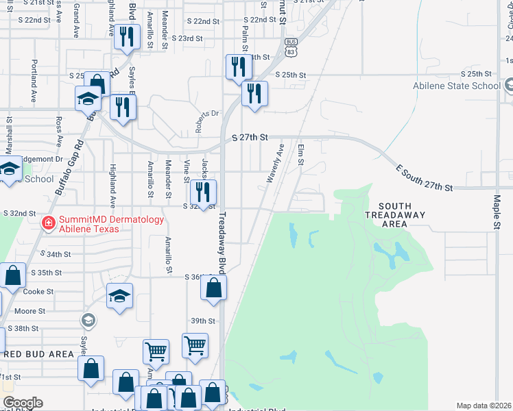 map of restaurants, bars, coffee shops, grocery stores, and more near 3126 Waverly Avenue in Abilene