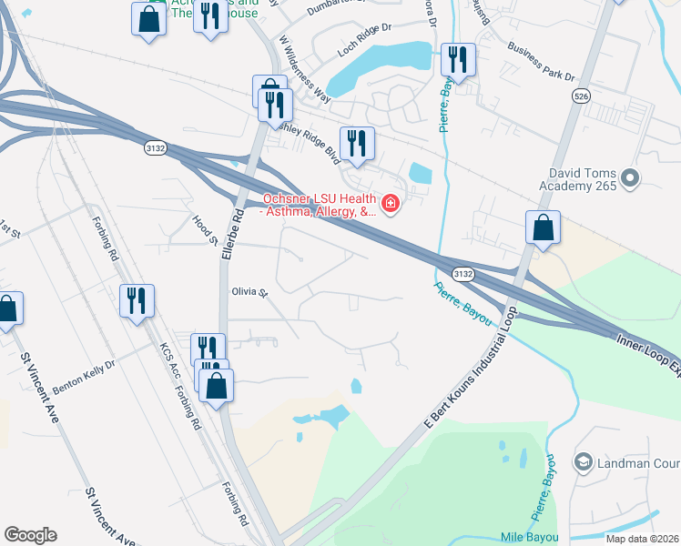 map of restaurants, bars, coffee shops, grocery stores, and more near 728 Coachlight Road in Shreveport