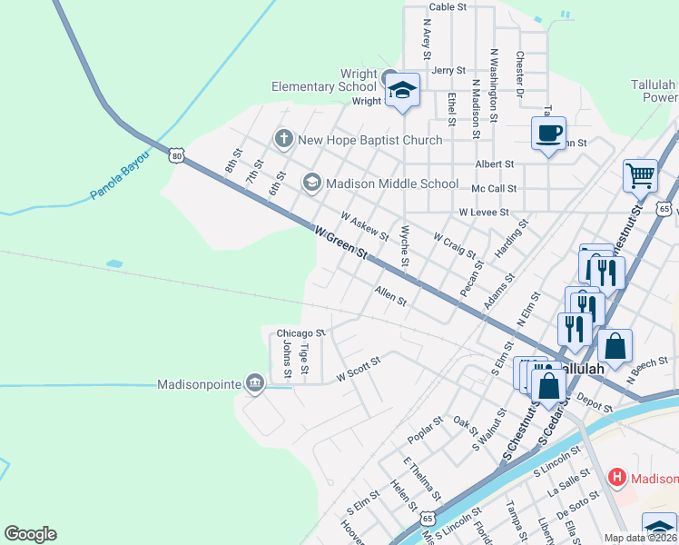 map of restaurants, bars, coffee shops, grocery stores, and more near 2-6 West End St in Tallulah