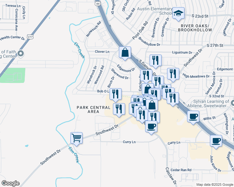 map of restaurants, bars, coffee shops, grocery stores, and more near 4417 Bob O Link Drive in Abilene