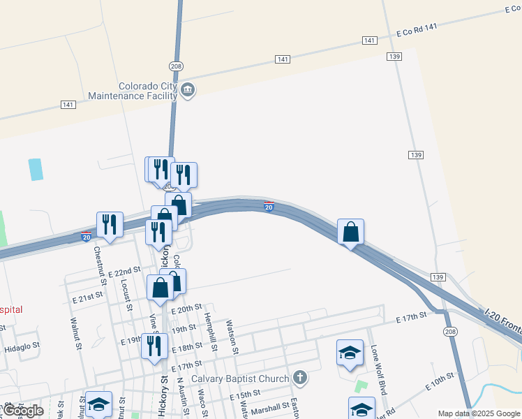 map of restaurants, bars, coffee shops, grocery stores, and more near 18794 Texas 208 in Colorado City