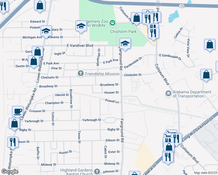 map of restaurants, bars, coffee shops, grocery stores, and more near 9 Houser Street in Montgomery