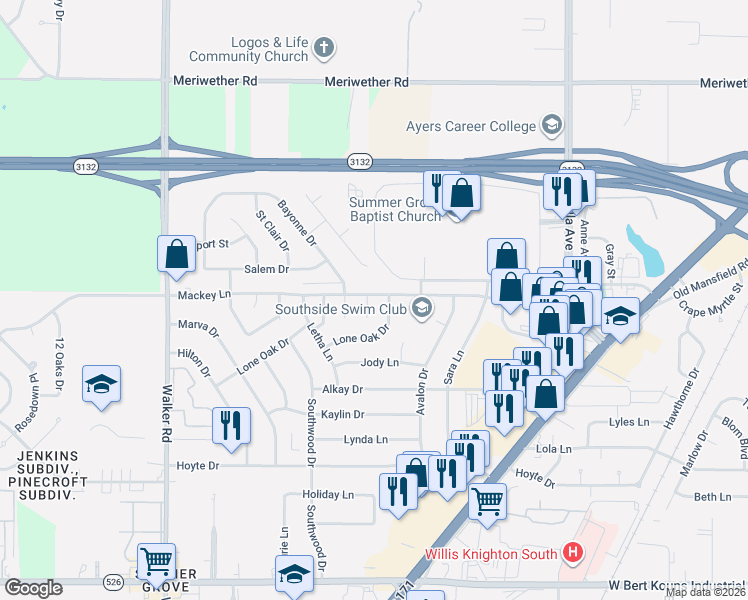 map of restaurants, bars, coffee shops, grocery stores, and more near 9008 Lone Oak Drive in Shreveport