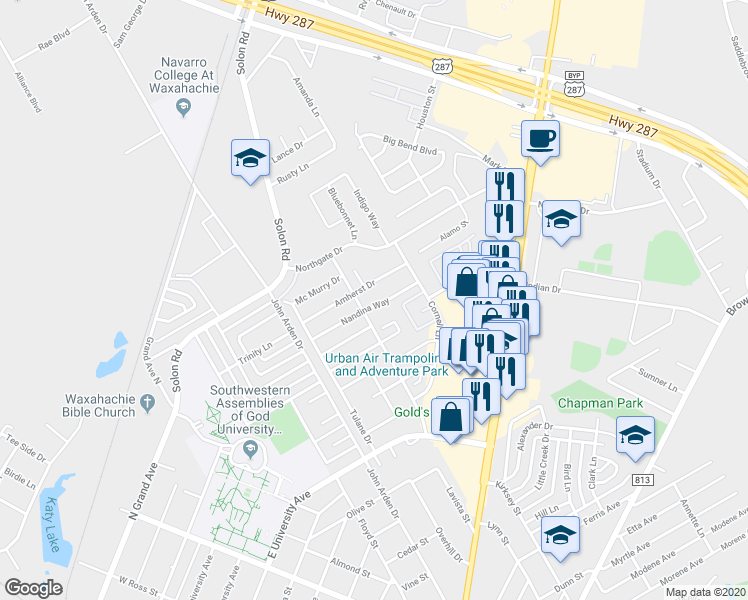 map of restaurants, bars, coffee shops, grocery stores, and more near 803 Nandina Way in Waxahachie