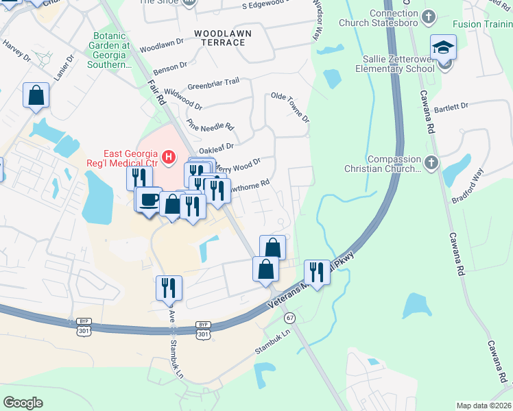 map of restaurants, bars, coffee shops, grocery stores, and more near 26 Somerset in Statesboro