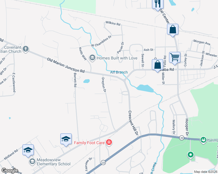 map of restaurants, bars, coffee shops, grocery stores, and more near 412 Drayton Drive in Selma