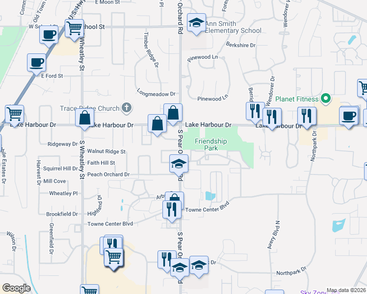 map of restaurants, bars, coffee shops, grocery stores, and more near 580 South Pear Orchard Road in Ridgeland