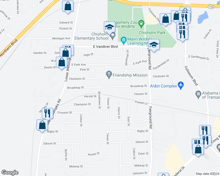 map of restaurants, bars, coffee shops, grocery stores, and more near 218 Broadway Street in Montgomery