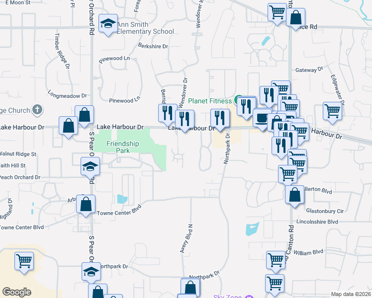 map of restaurants, bars, coffee shops, grocery stores, and more near 301 Charmant Place in Ridgeland