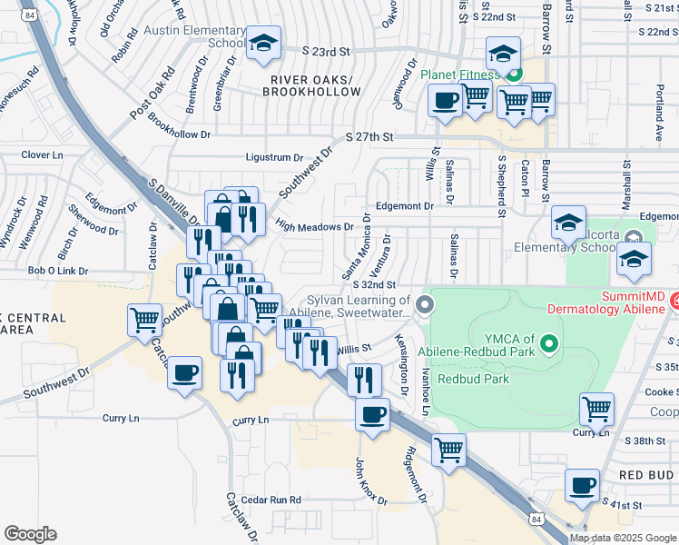 map of restaurants, bars, coffee shops, grocery stores, and more near 10 Lawrence Circle in Abilene
