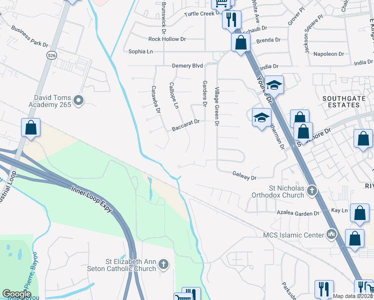 map of restaurants, bars, coffee shops, grocery stores, and more near 9699 Calliope Lane in Shreveport