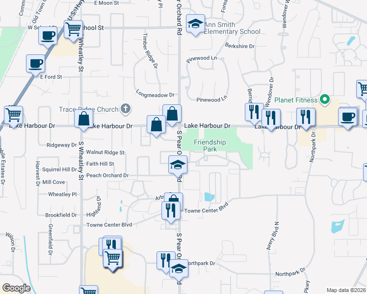 map of restaurants, bars, coffee shops, grocery stores, and more near 580 South Pear Orchard Road in Ridgeland