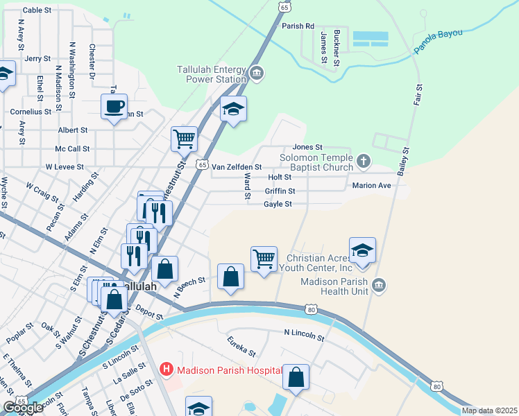 map of restaurants, bars, coffee shops, grocery stores, and more near 207 Gayle Street in Tallulah