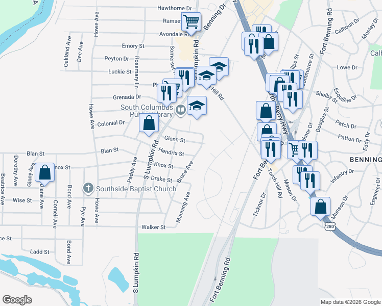 map of restaurants, bars, coffee shops, grocery stores, and more near 2235-2241 Bruce Avenue in Columbus