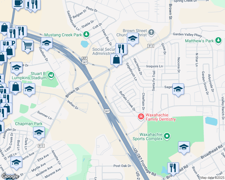 map of restaurants, bars, coffee shops, grocery stores, and more near 2200 Brown Street in Waxahachie