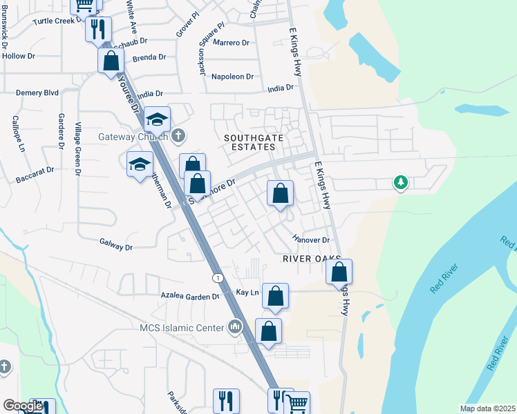 map of restaurants, bars, coffee shops, grocery stores, and more near 10032 Georgetown Drive in Shreveport