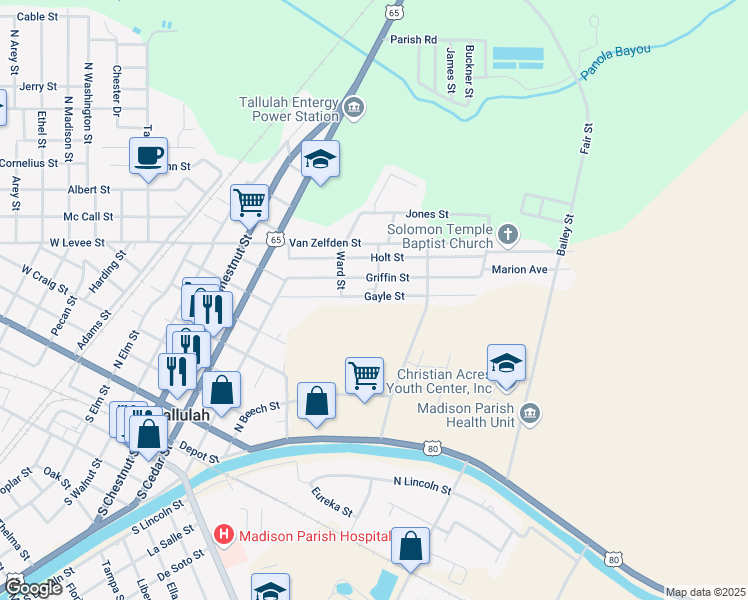 map of restaurants, bars, coffee shops, grocery stores, and more near 207 Gayle Street in Tallulah