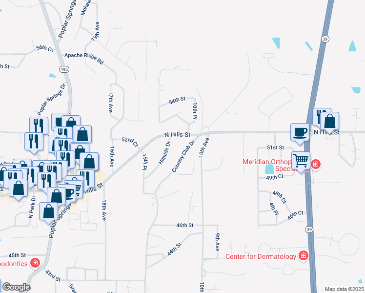 map of restaurants, bars, coffee shops, grocery stores, and more near 5013 Country Club Drive in Meridian